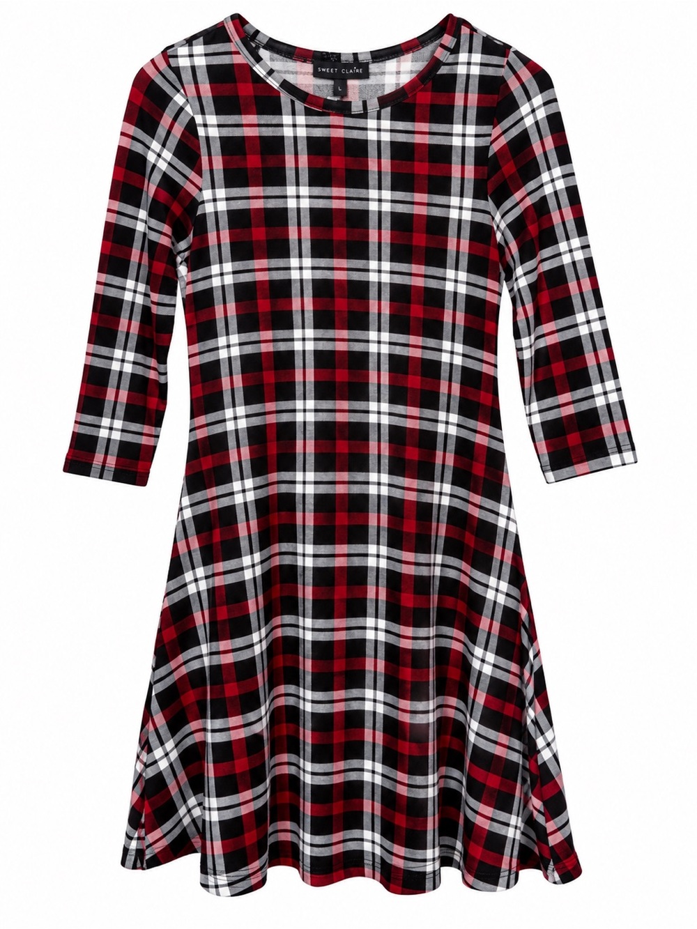 Sweet Claire Girls Large Plaid Fit Flare Dress 3/4 Sleeve Stretch